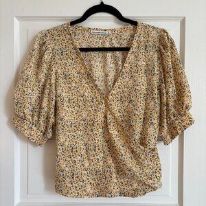 Abercrombie wrap puff sleeve blouse in yellow floral in M